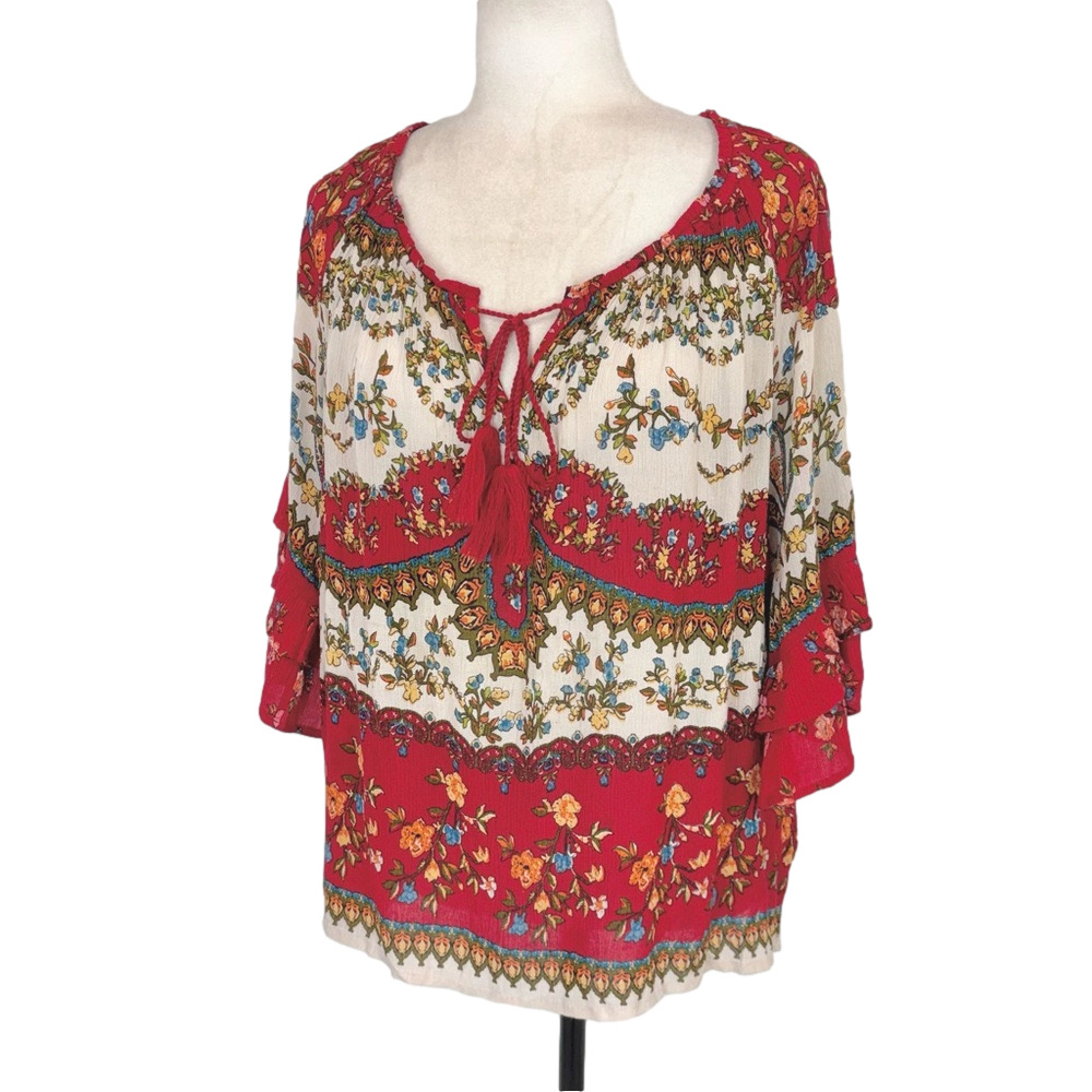 Bila red and cream peasant blouse